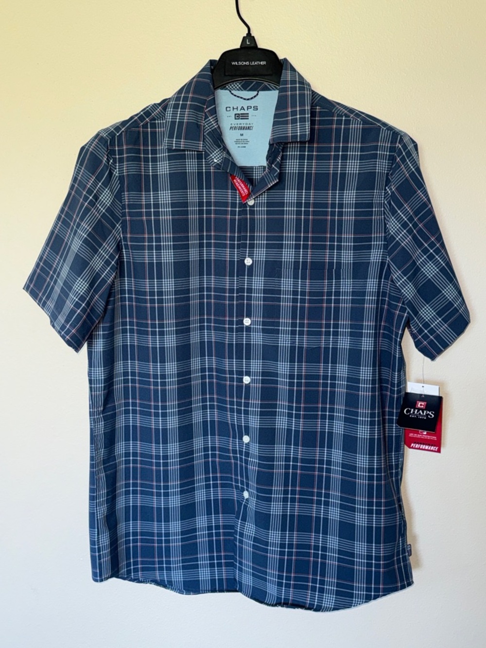 Chaps Navy and White Plaid Short-Sleeve Button-Down Shirt, Size M